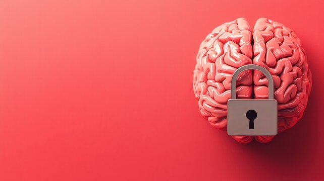 anti tracking and security. A stylized brain with a padlock symbolizes the concept of secured thoughts or restricted mental processes against a bright red background.