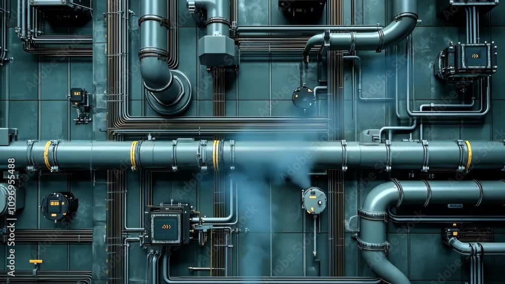 Poster industrial pipe network with steam release in a factory setting showcasing complex infrastructure