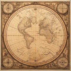 Obraz premium Antique World Map Framed With Intricate Compass Roses