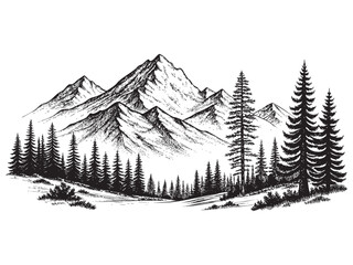 mountains and pine trees sketch hand drawn drawing vector illustration