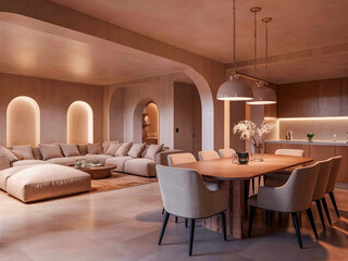 Warm and inviting open-plan space with cozy sectional sofa beige and cream hues arched accents pendant lighting and a modern dining table with upholstered chairs.