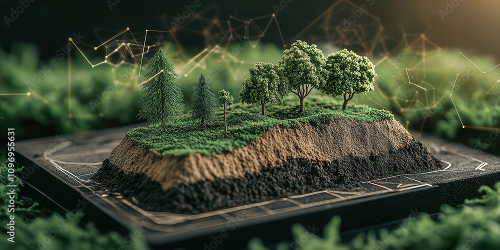 Poster a miniature landscape featuring trees and soil, blending nature with digital elements, symbolizing s