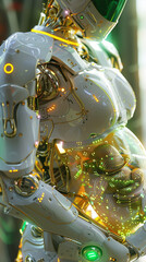 Futuristic pregnant robot with a glowing artificial uterus. AI Generated