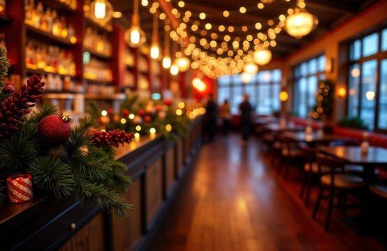 Christmas bar party festive decorations. Warm lights illuminate red ornaments. Fir branches and candles add cheer. Blurred background shows happy people enjoying drinks. Festive atmosphere.
