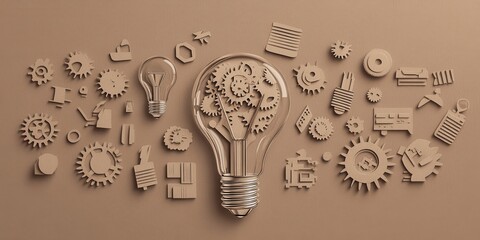 A light bulb made of gears and mechanical elements, surrounded by various cogs and tools, symbolizing innovation and creativity.