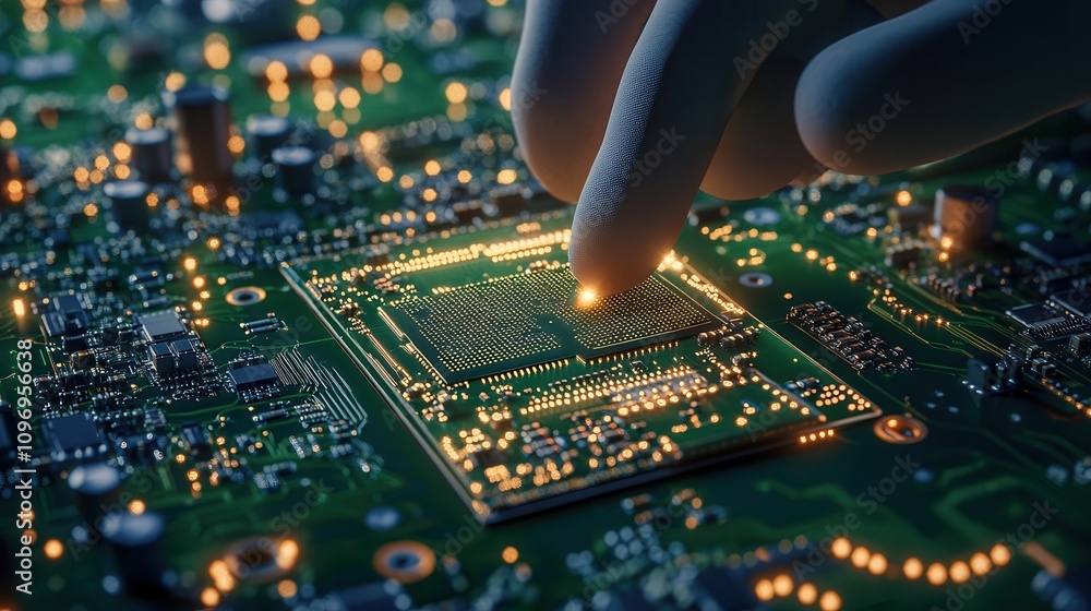 Poster a close-up of a hand touching a glowing microchip on a circuit board, highlighting intricate details