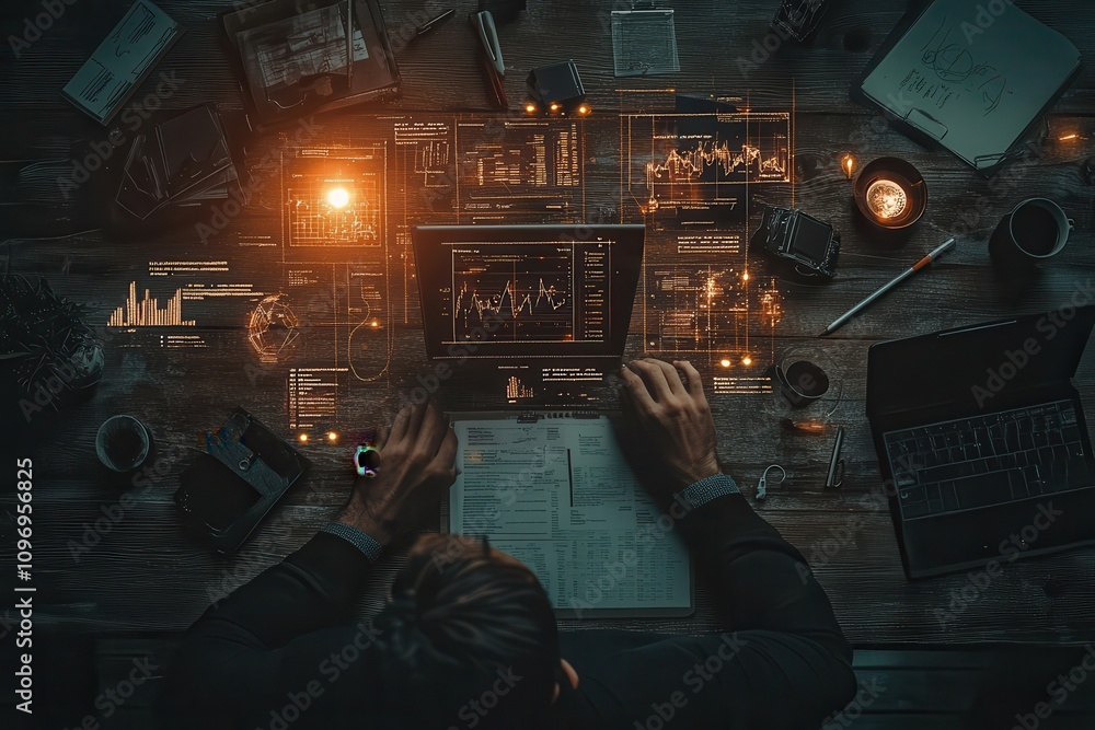 Fototapete A person analyzing data on a laptop surrounded by charts, graphs, and various tools in a dimly lit environment, highlighting a tech-driven workspace.