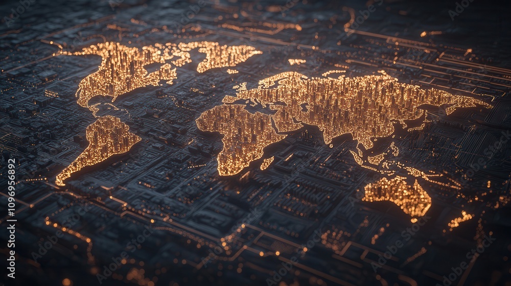 Poster a glowing world map highlighted by city lights, representing global connectivity and urbanization in