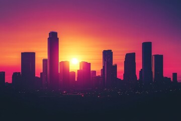 Fototapeta premium Vibrant City Skyline Silhouette at Sunrise - Stunning city skyline silhouette at sunrise, vibrant colors, urban landscape, majestic buildings, peaceful morning.