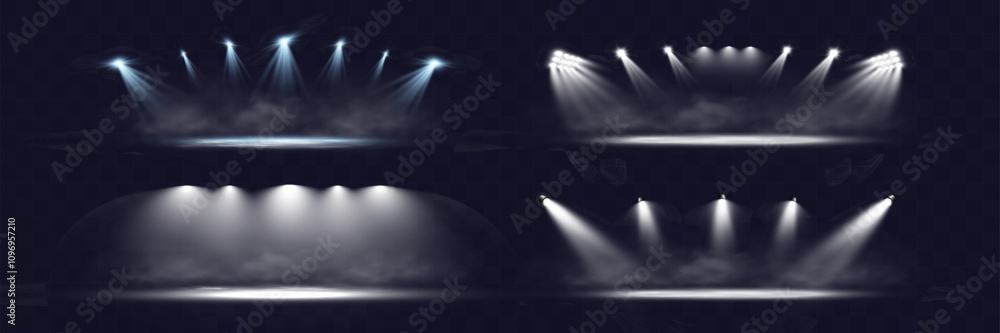 Poster spotlights shining down in a dark, misty atmosphere, creating a dramatic stage or stadium effect wit