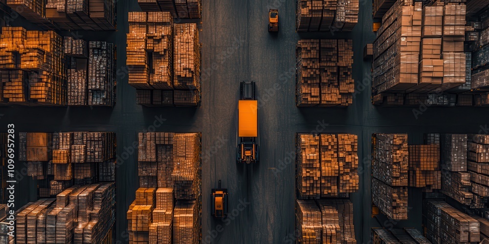 Poster an aerial view of a busy warehouse with trucks navigating through stacks of boxes, showcasing logist