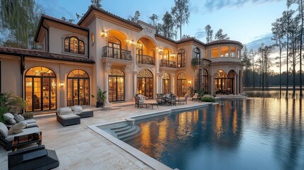 Luxury Waterfront Mansion at Dusk: Opulent Estate with Pool and Lake View