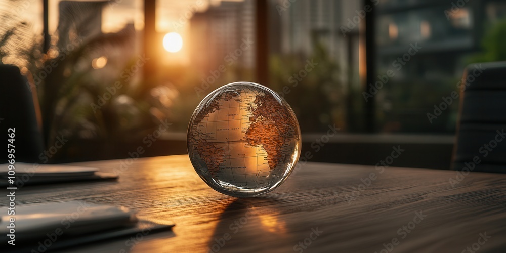 Aufkleber a crystal globe reflecting warm sunlight, positioned on a wooden table, creating a serene and captiv