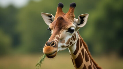 Obraz premium Giraffe eats grass in its natural habitat, wildlife.