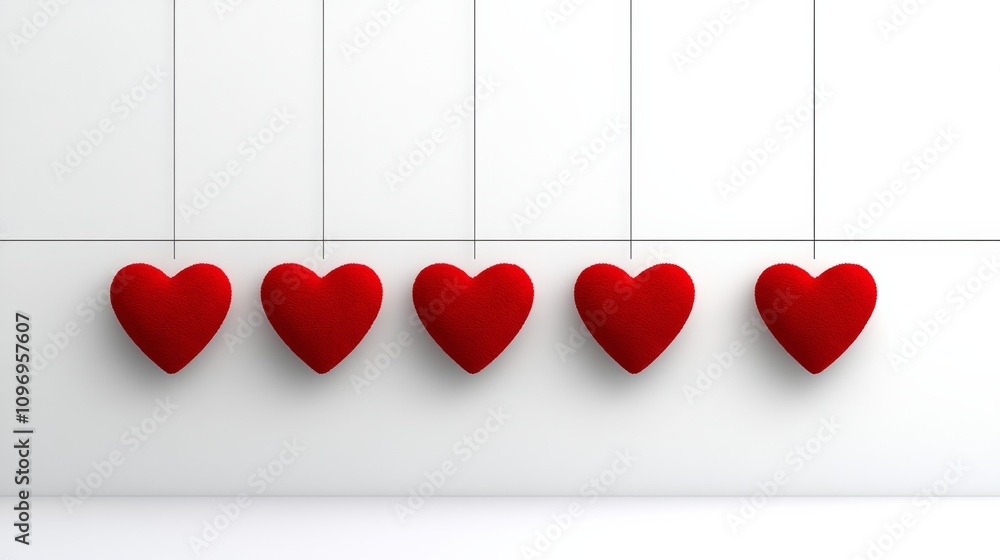 Aufkleber row of five red hearts hanging from a string. the hearts are all different sizes and are hanging at 