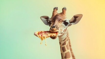 A giraffe takes a big bite out of a pizza slice, looking directly at the camera with a cheesy smile.