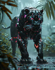 a black futuristic cyborg black panther tiger walking in a misty jungle, cyborg black panther, cybernetic armour with wires and neon lights, rain, futuristic animal, majestic wildlife, nature