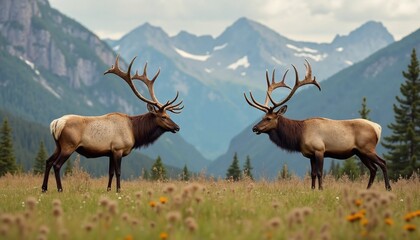 Majestic Elk Pair Standing Proudly in Mountain Meadow Against Scenic Rocky Peaks
