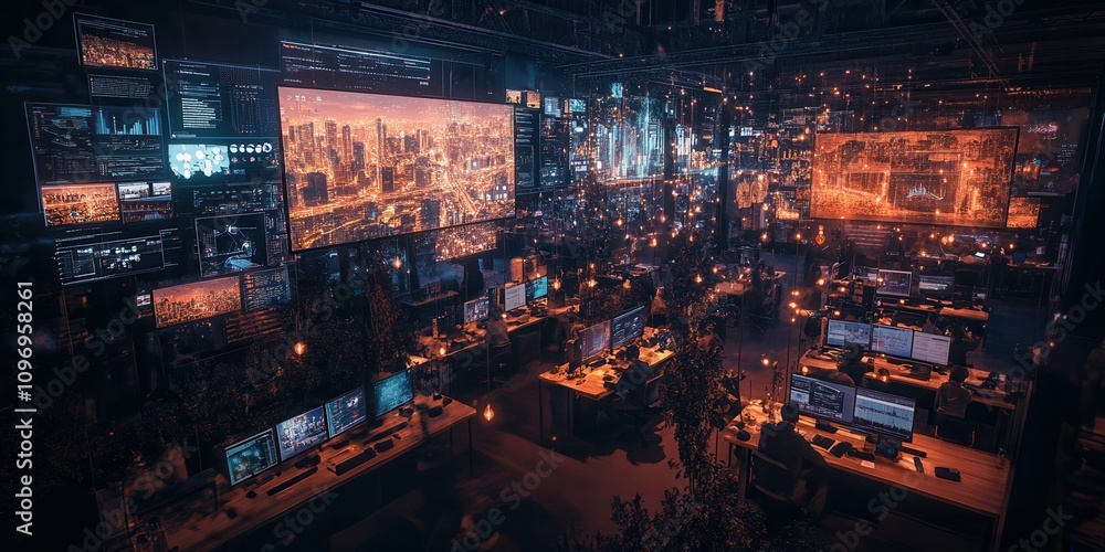 Aufkleber A bustling digital workspace featuring numerous monitors displaying vibrant data visualizations in a futuristic environment.