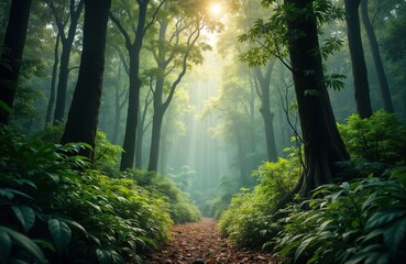 Naklejka premium Sunlit path in misty forest. Rich green plants surround trees. Sunlight beams through canopy. Tranquil nature scene. Perfect eco background. Ideal for spring summer themes.