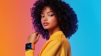 Girl with curly hair showcases stylish wearable technology against a dynamic blue and purple background, radiating confidence and modern elegance through striking pose