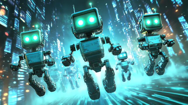 Playful robots frolicking in a digital realm ai generated illustration. Futuristic Robot Realm. Illustration
