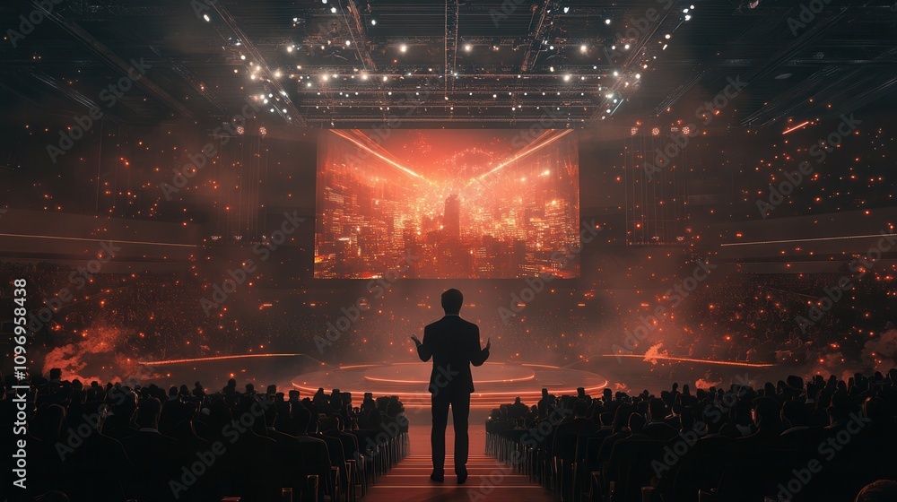 Poster A dramatic scene of a speaker in front of an illuminated crowd, with a vibrant display and intense lighting creating an electrifying atmosphere.