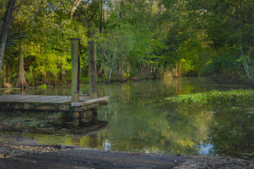 John B Sergeant Park Tampa Florida USA a serene wooden dock sits quietly beside a calm, reflective...
