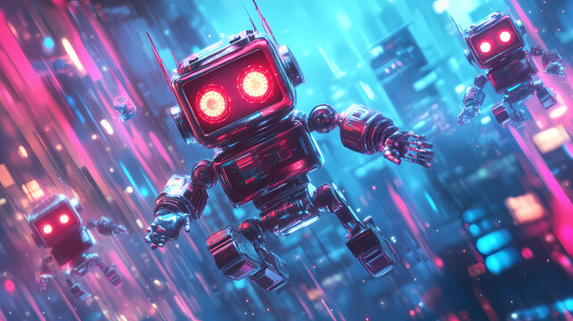 Playful robots frolicking in a digital realm ai generated illustration. Futuristic Robot Realm. Illustration