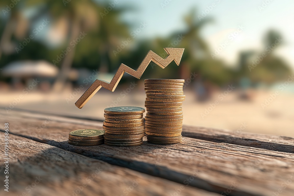 Poster a stack of coins on a wooden surface, with a rising graph in the background, set against a beach sce