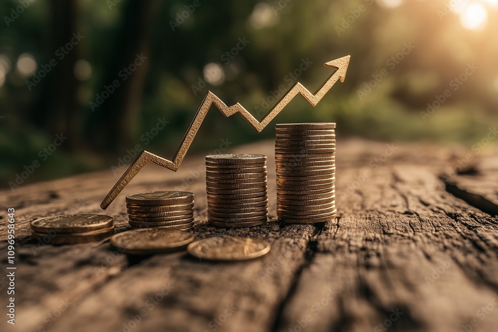 Poster a visually appealing image depicting stacked coins with an upward arrow, symbolizing financial growt