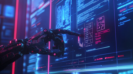 In a digital realm, a robot arm writes trading algorithms on a virtual blackboard showcase sleek lines and a futuristic appeal with cg Futuristic Robot Realm. Illustration