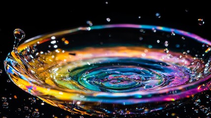 Obraz premium Vibrant Rainbow Liquid Splash - Colorful water droplet impact, creating mesmerizing ripples and splashes. Symbolizes energy, fluidity, beauty, purity, and transformation.