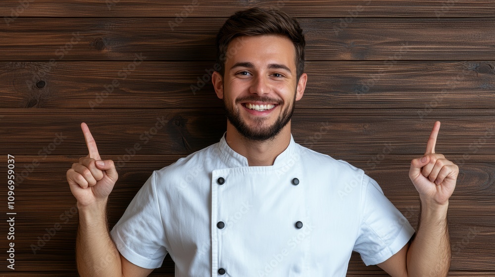 Aufkleber smiling chef with a white apron and a pointy hat is pointing to the camera. concept of happiness and