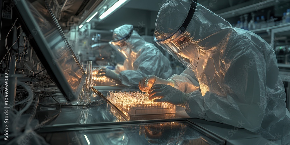 Poster scientists in protective gear conduct experiments in a high-tech laboratory, focused on glowing samp