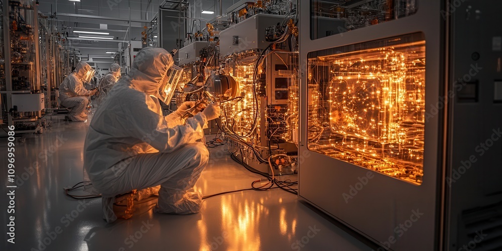Poster a technician in a cleanroom examines glowing machinery, showcasing advanced technology and intricate