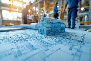 architects and engineers collaborating over blueprints for a future building, showcasing teamwork and innovation in a professional environment