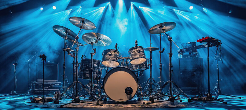 Drum set shining under blue stage lights illuminating musical instruments in an empty concert venue - Powered by Adobe