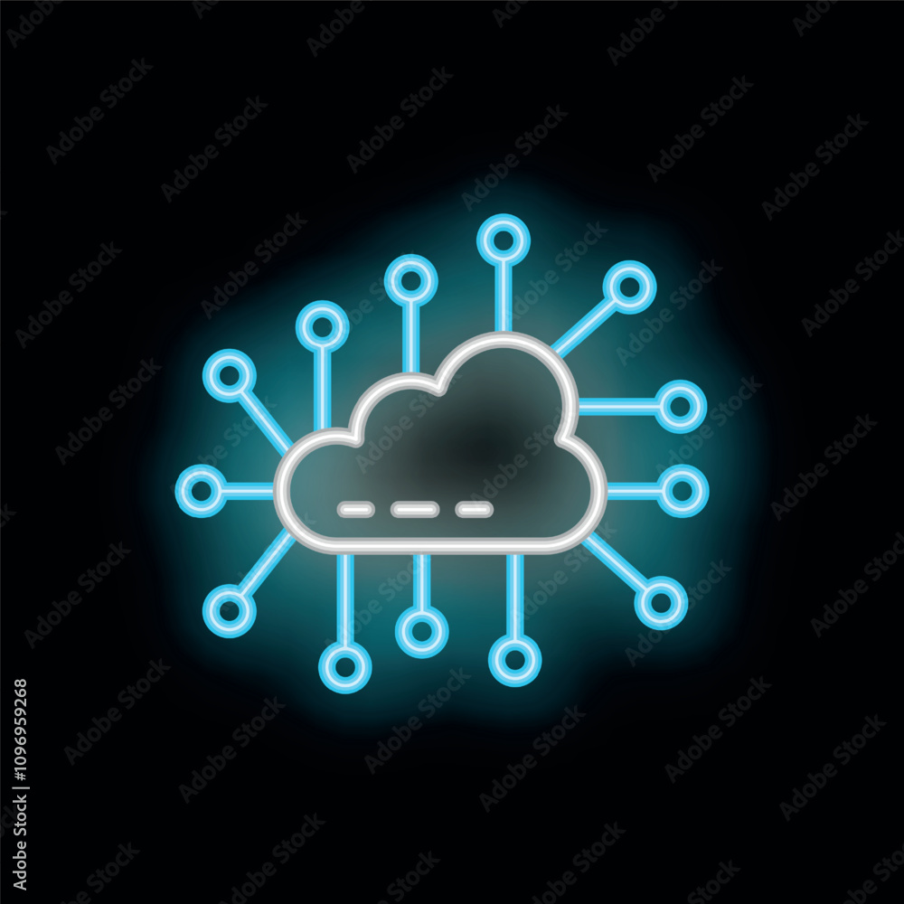 Poster neon blue cloud computing icon is connecting to a network with lines and dots