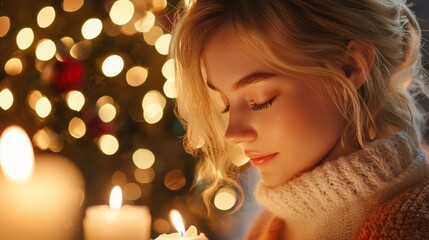 Fototapeta premium Pretty woman pray on a christmas day in the church