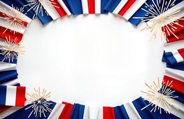 France flag border. Fireworks graphic design. Bastille Day invitation mockup. Blank white space. Celebration template. Party card. French holiday. Festive background. National event. Patriotic