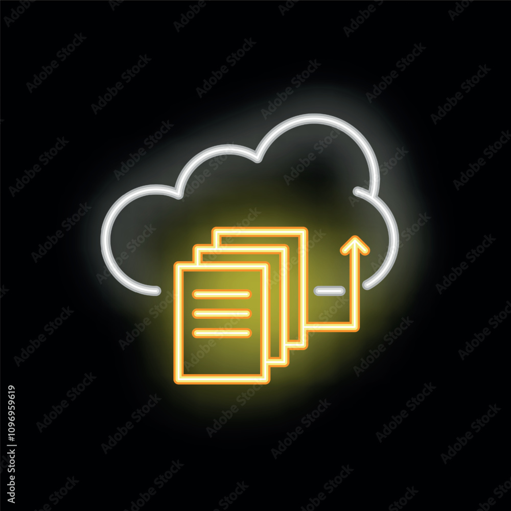 Aufkleber glowing neon line icon of documents uploading to cloud storage is isolated on black background