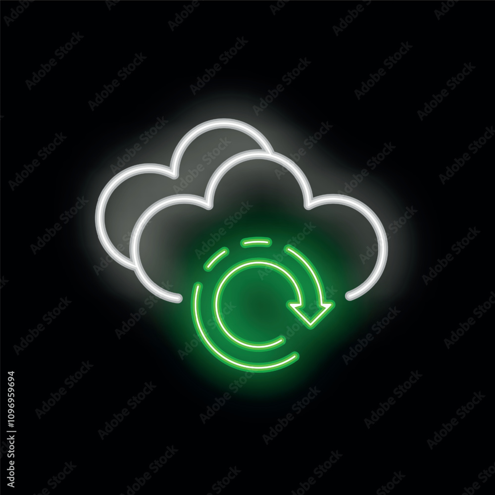 Poster neon green refresh icon with rotating arrows and clouds overlaying, representing cloud computing syn