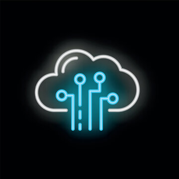 Blue neon cloud computing icon glowing on black background representing concepts like data storage, server, network and more