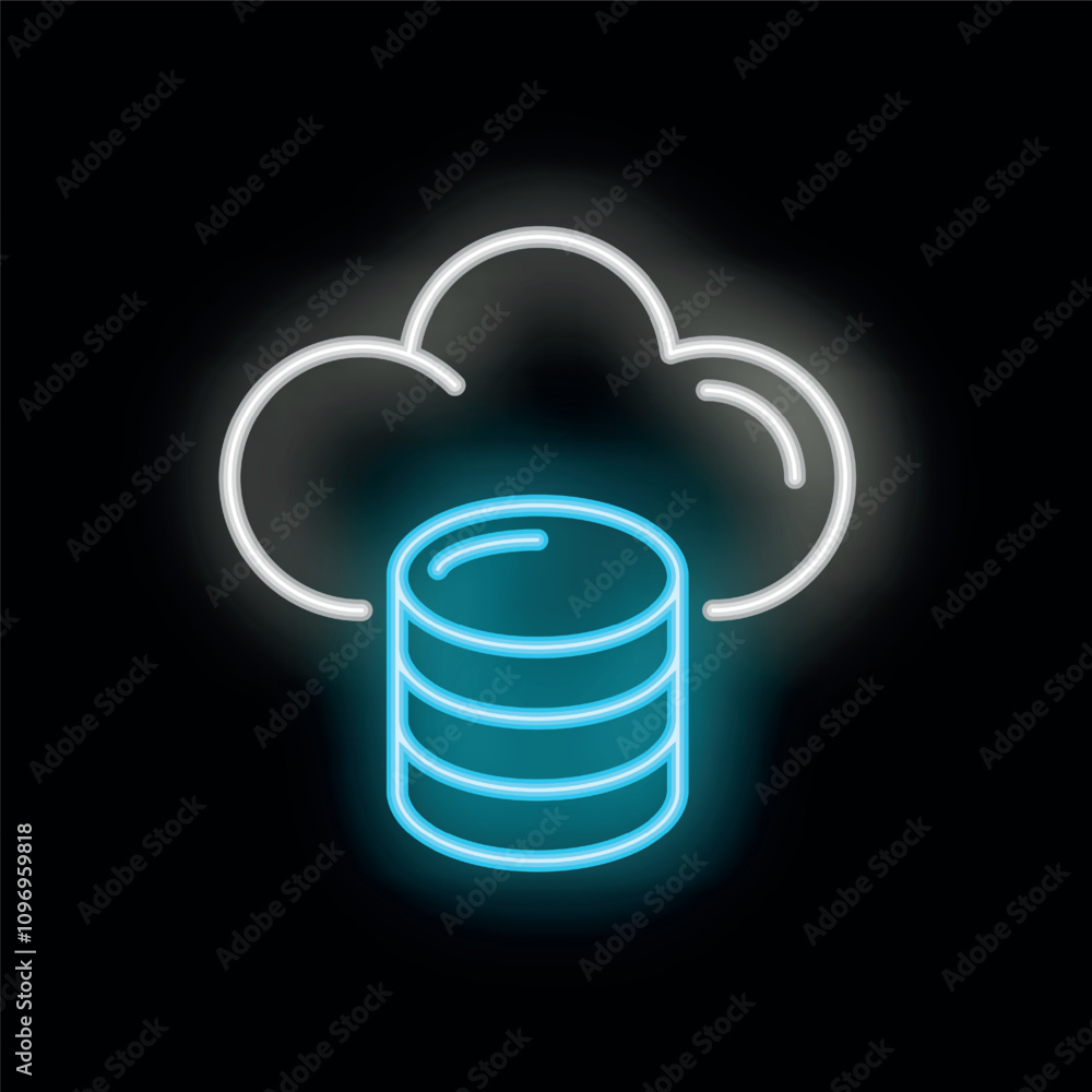 Poster blue neon icon of database being uploaded to a cloud server on a black background
