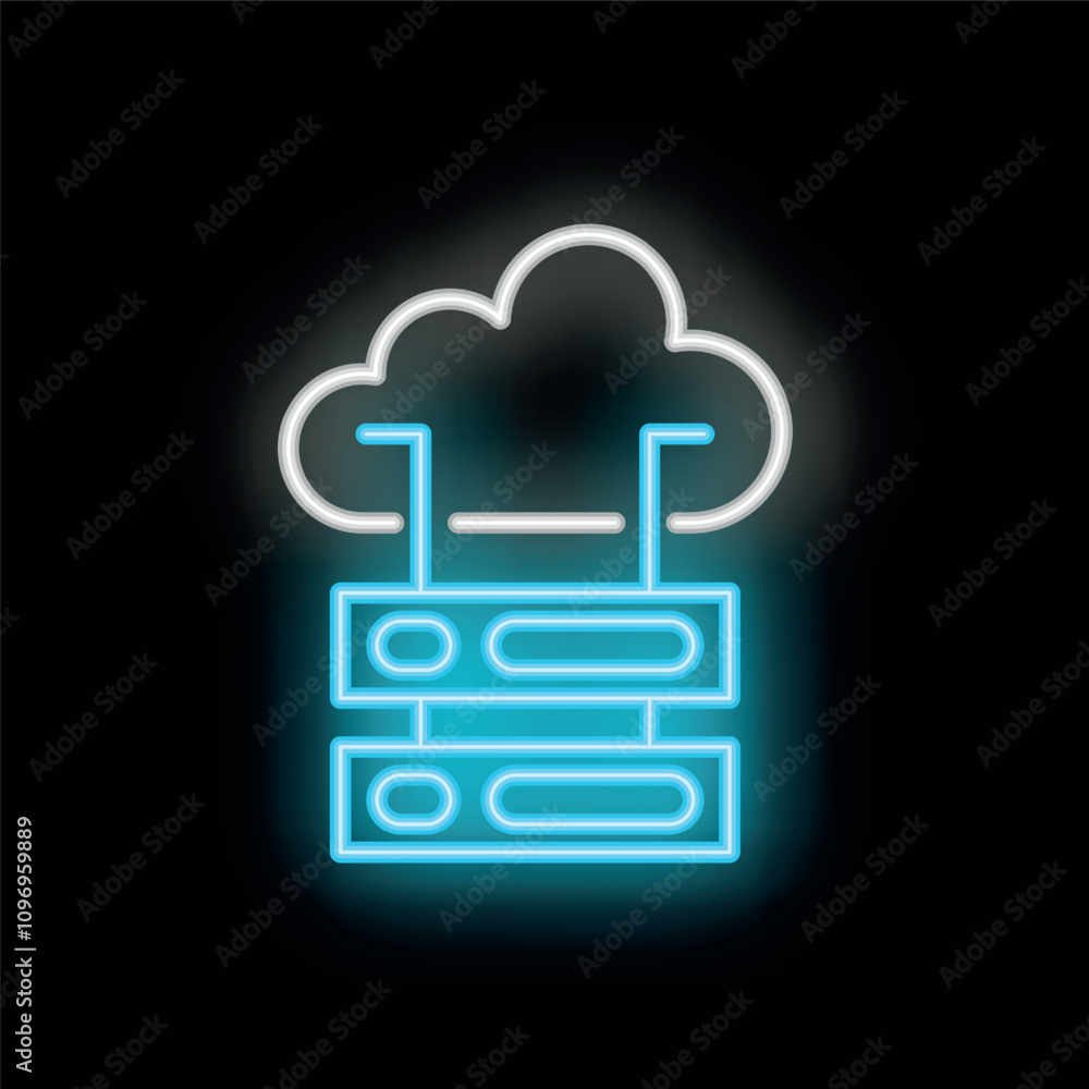 Poster neon icon of cloud computing connecting to a server rack, symbolizing data storage and online networ