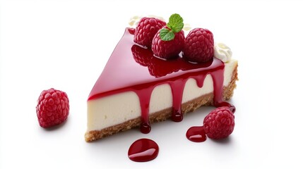 Creamy cheesecake slice topped with raspberry sauce and fresh berries