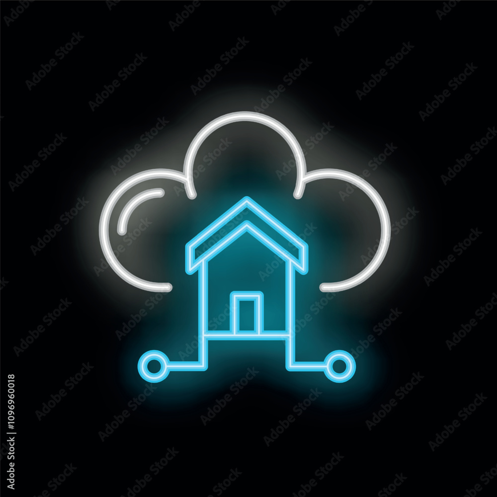 Aufkleber glowing neon icon of a house linked to a cloud computing symbol