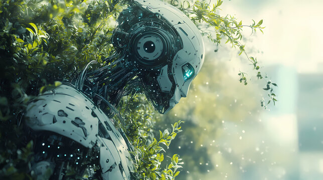 Combination of organic and digital realms in robotic systems using biotechnology. Futuristic Robot Realm. Illustration