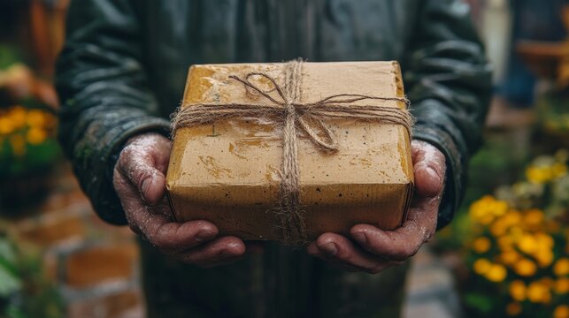Person holding a wrapped package in the rain with flowers nearby